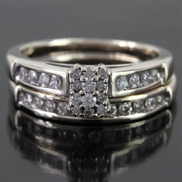 10k White Gold Diamond Cluster Wedding Ring Set - Picture 5 of 5